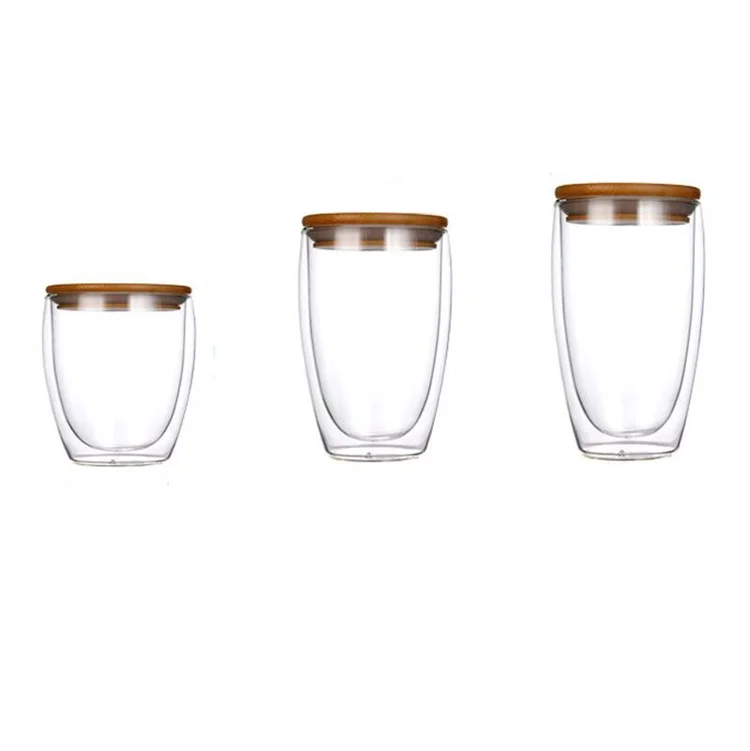

high borosilicate glass heat-insulated double wall glass cup for hot coffee and tea with bamboo lid