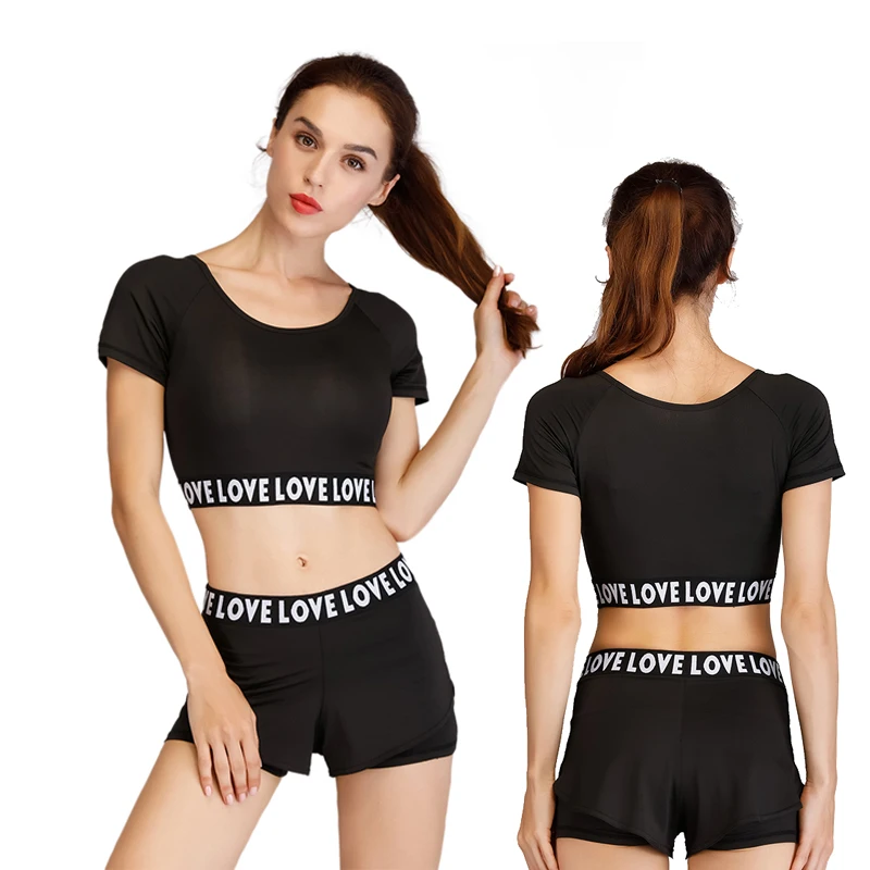 

Wholesale Nylon and Spandex Women Ladies Girls Female Home Crop Top Two Piece Gym Yoga Fitness Wear Clothes Sweat Set Suit, Black