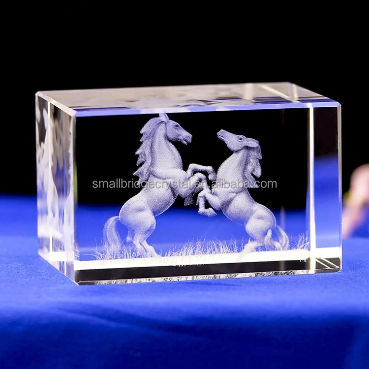 Small Bridge New Design Premium Custom Promotional Gifts 3d Crystal Horse Laser Engraved Glass Block