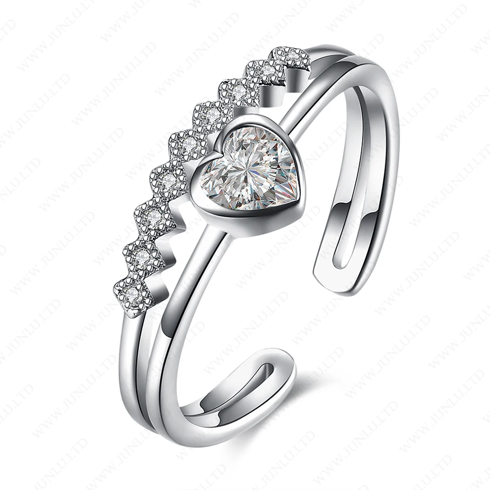 

High quality adjustable heart shaped ring designs nice white zircon jewelry fashion 925 sterling silver rings, Picture