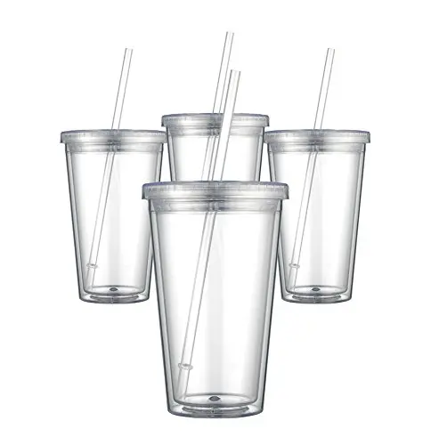 

High quality double wall mug clear plastic cup with straw tumbler, Customized color