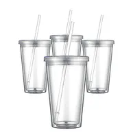 

High quality double wall mug clear plastic cup with straw tumbler