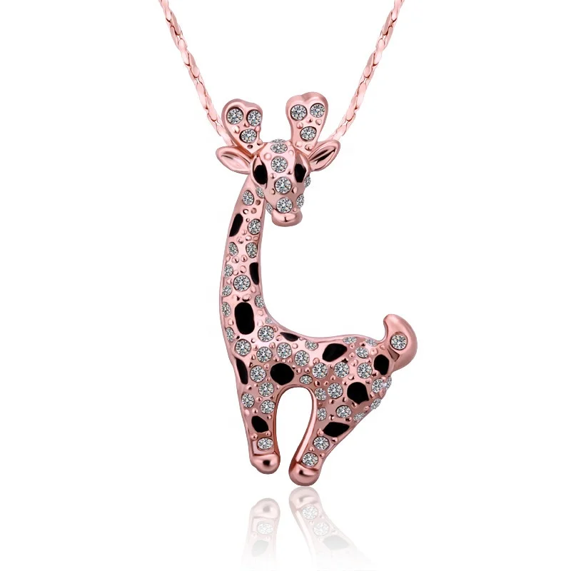 

Best selling animal giraffe pendant rhinestone chain long necklace, Rose gold,customized color