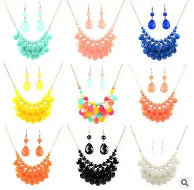 

2017 Fashion Geometric Retro Exaggerated Clavicle Necklace Earring Set Bohemia Colorful Stone Choker Necklace Jewelry Set