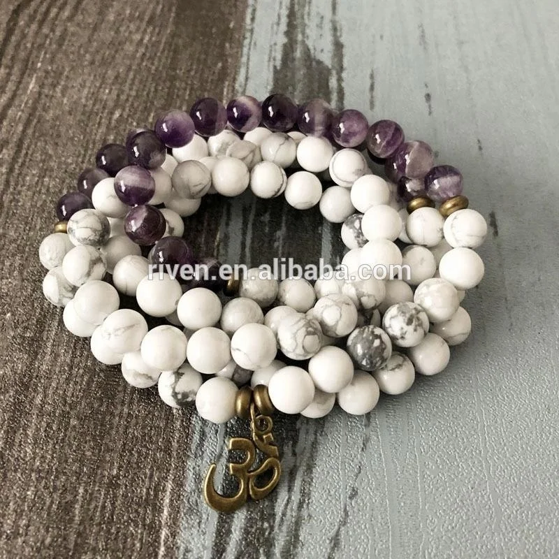 

SN1284 Howlite Mala 108 Prayer Beads Om Necklace & Bracelet Purple A-gate 108 Mantra White Mala Buddhist OM Bracelet Yoga, As picture