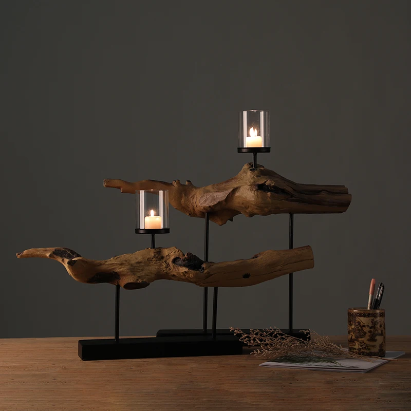 Luxury Rustic Antique Distressed Decorative Wooden Pillar Candle Holder