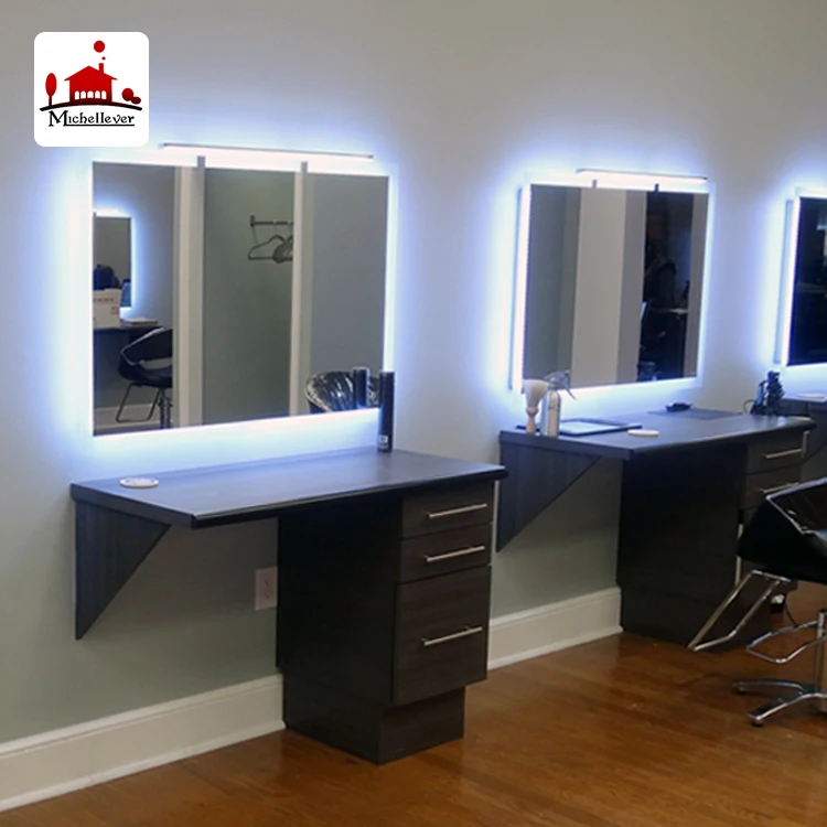 
rectangle 4 sided led salon mirror station led beauty hair salon wall mounted mirrors for sale 