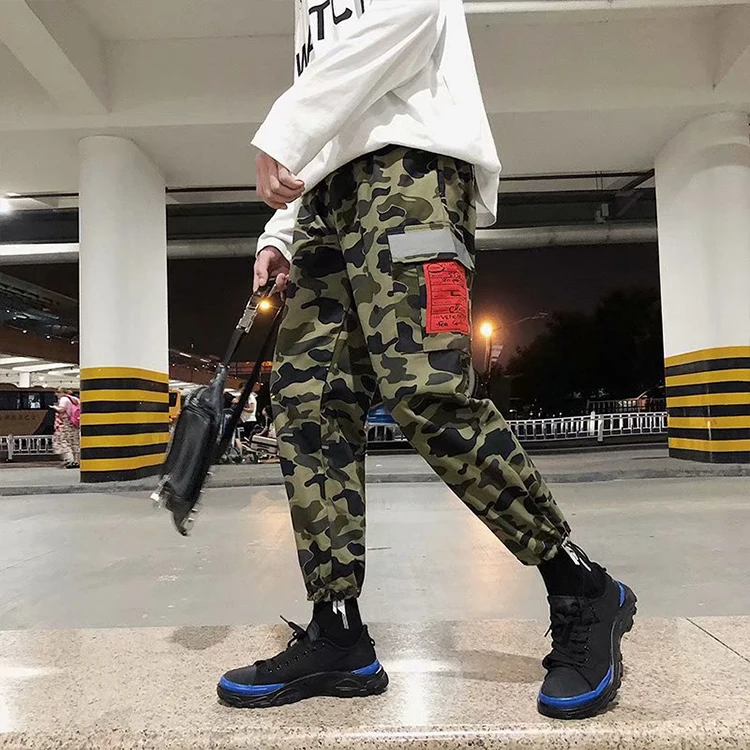 

Wholesale Hip Hop Reflective Panel Camo Cargo Pants Mens, Green