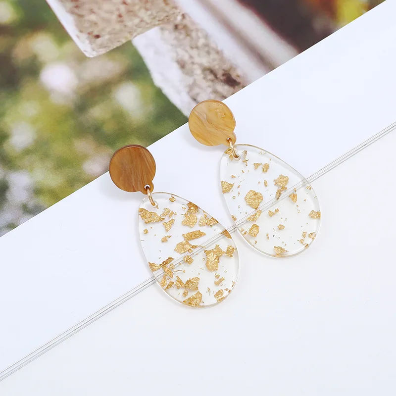 

2021 Hot Sale Wholesale Transparent Water Drop Acrylic Earrings Gold Foil Acrylic Acetate Waterdrop Shape Dangle Earrings, Multi color