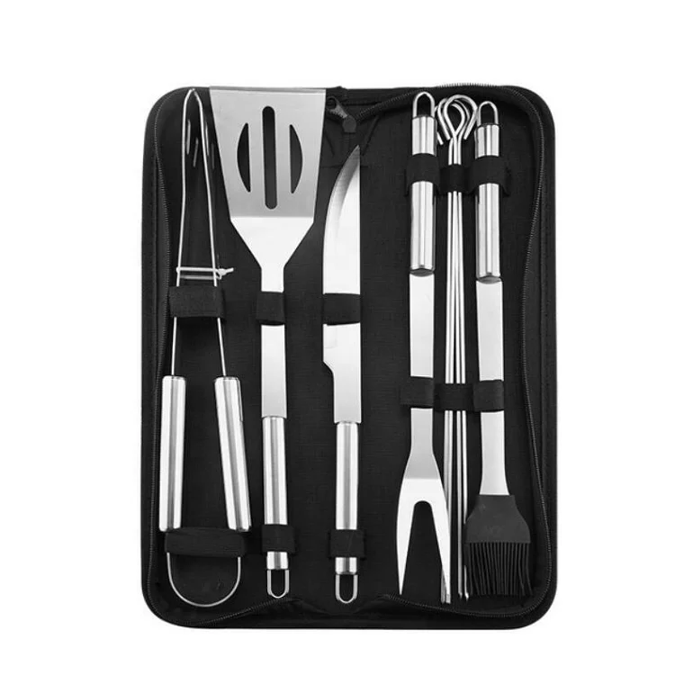 

9PCS Stainless Steel Barbecue Tool Set BBQ Accessories Grilling Utensils Grill Tools Packed in Bag, Natural