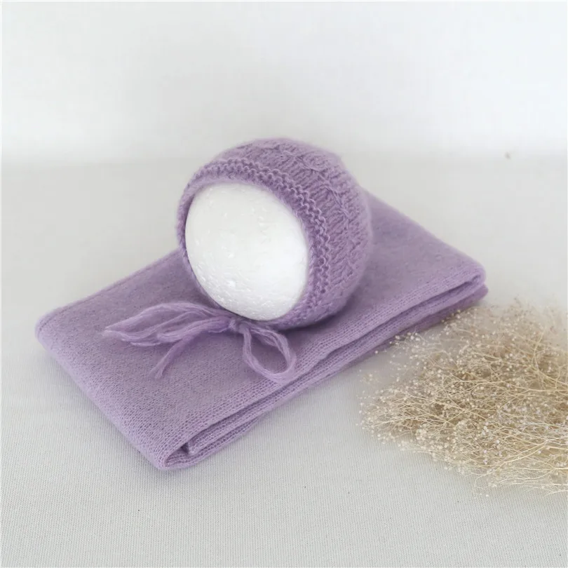 

Light Purple 32cm x 150cm New born Crochet Mohair wrap bonnet set Photography props Knitted Baby boy hat with Baby wrap sack