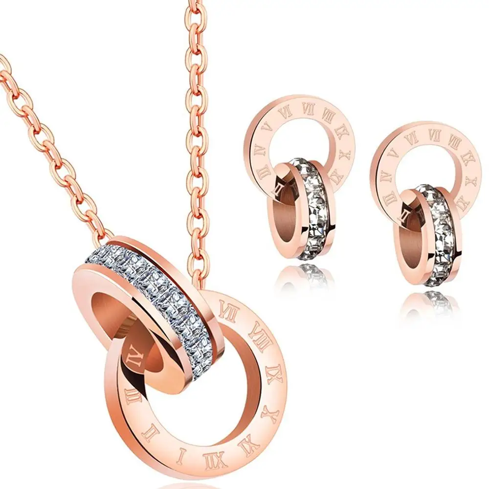 

2019 Wholesale Bridal Women Costume 18k Rose Gold Necklace Stainless Steel Jewelry Set