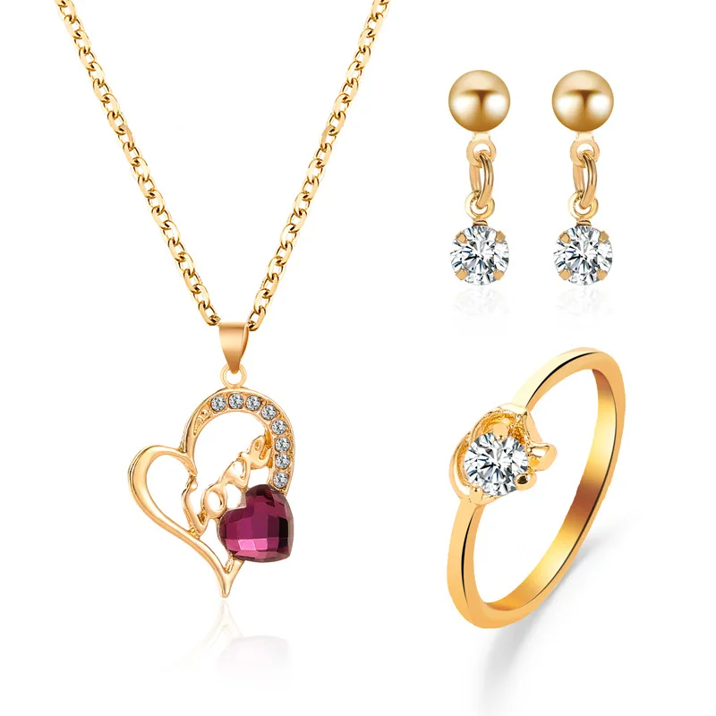 

Fashion Gold Engrave Love Heart Necklace Purple Crystal Necklaces Jewelry Set For Women Wedding Jewelry (KJ030), Same as the picture