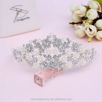Silver Crystal Hairbands Rhinestone Veil Tiara Pearl Wedding Crown