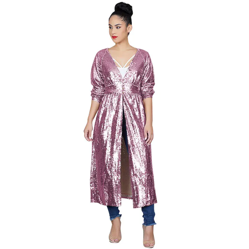 

Hot Sale Sequined Long Sleeve V Neck Casual Coat for Women