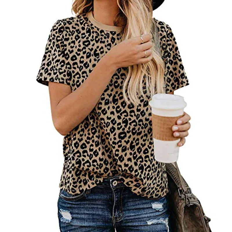 Summer Casual Lovely Blouse Leopard Print Basic Short Sleeve Soft Cotton T Shirt Wholesale