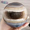Natural Polished Open Mouth Agate Geode Ball Quartz Crystal Gemstone Stand Reiki