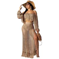 

Sexy Women Off The Shoulder Long Sleeve Tassel 2 Pieces Outfits Bikini Beach Cover Up