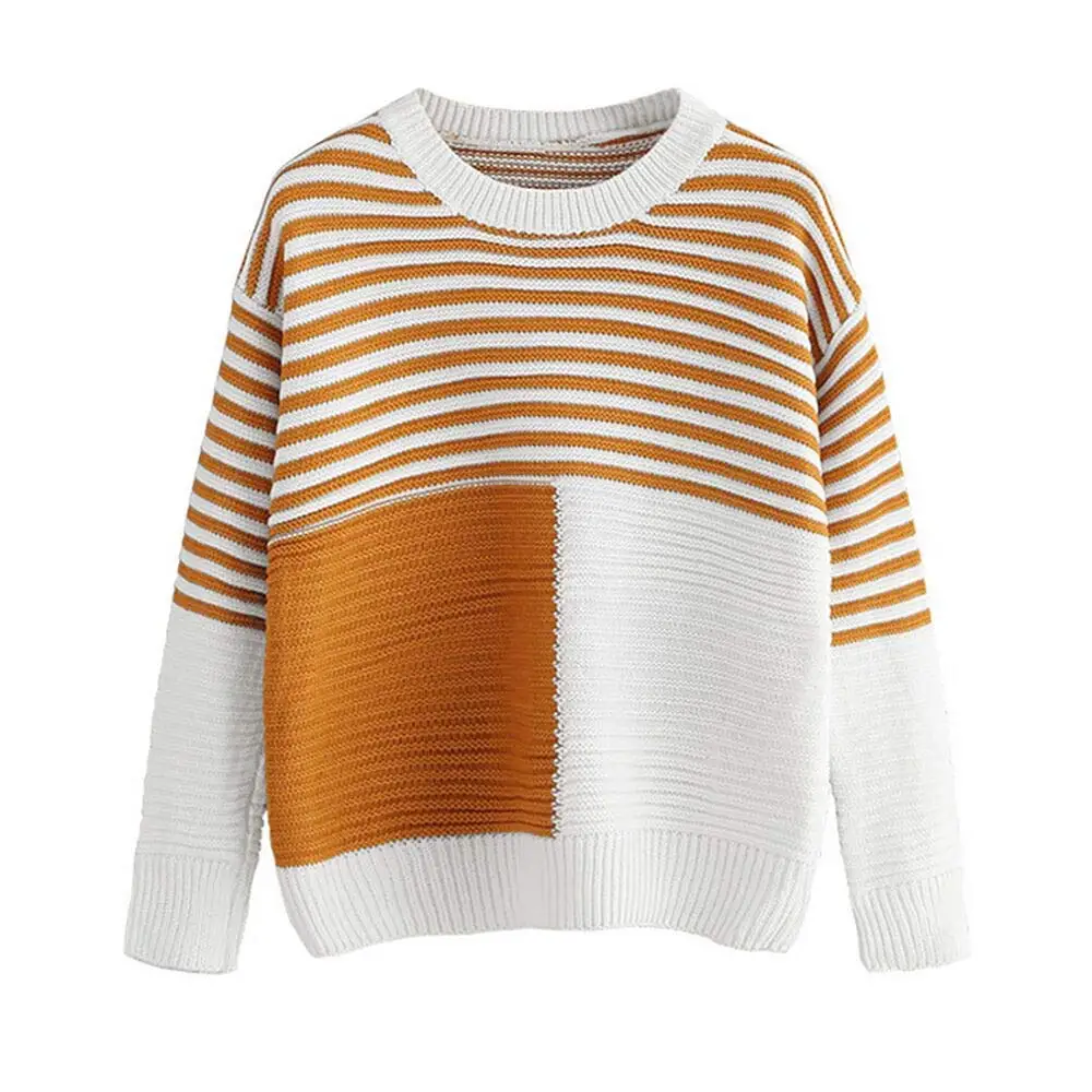 Red Ta Women Autumn Winter Color Block Long Sleeve Crew Neck Striped Sweater Casual Pullover Top Blouse