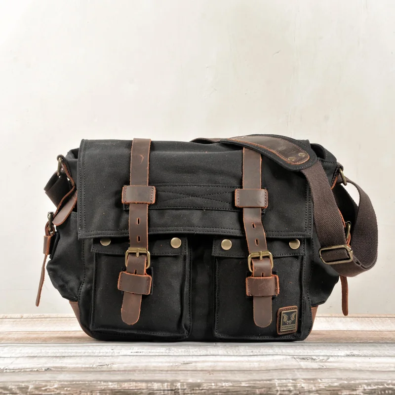 

mens leisure single shoulder strap vintage leather and premium canvas bag laptop messenger bag, Black, army green, blue, khaki yellow, light brown, gray
