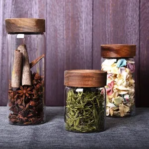 Image of wholesale high quality borosilicate glass honey jar with wooden screw top lid