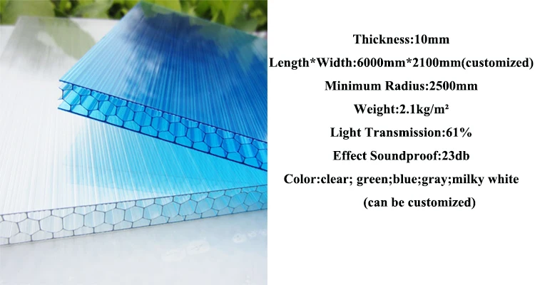 High quality sound and heat insulation custom 8mm to 12mm honeycomb greenhouse panels clear plastic sheet