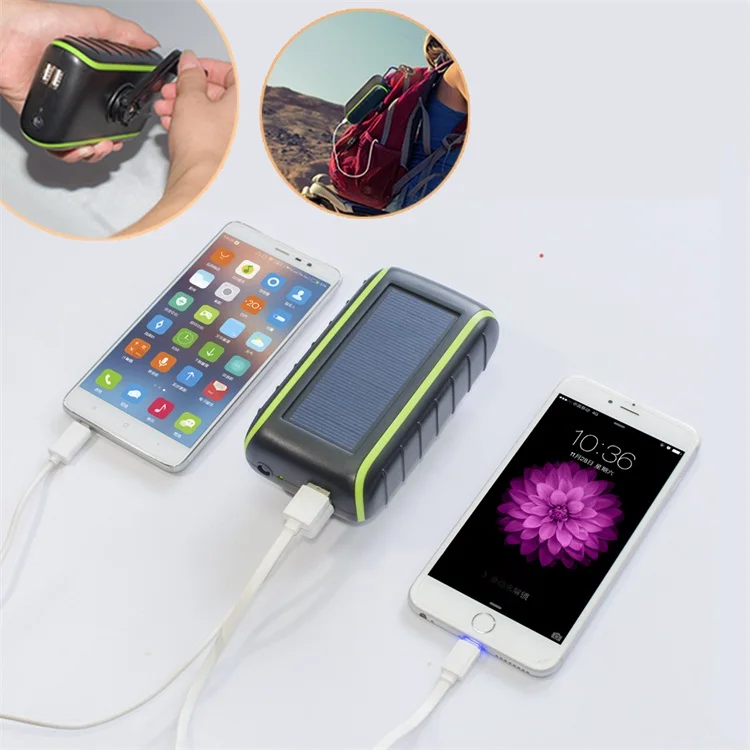 

Best Xmas gifts external flashlight mobile power bank + hand generator + solar power li-ion battery charger