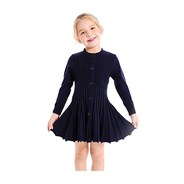 Little Girls Pleated Dress School Uniform Long Sleeve Button Front Knit ...
