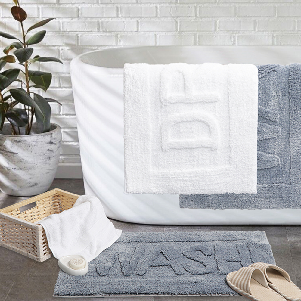 

Competitive price custom letter printed classic washable comfortable white grey toilet shower bathroom bath mat rug