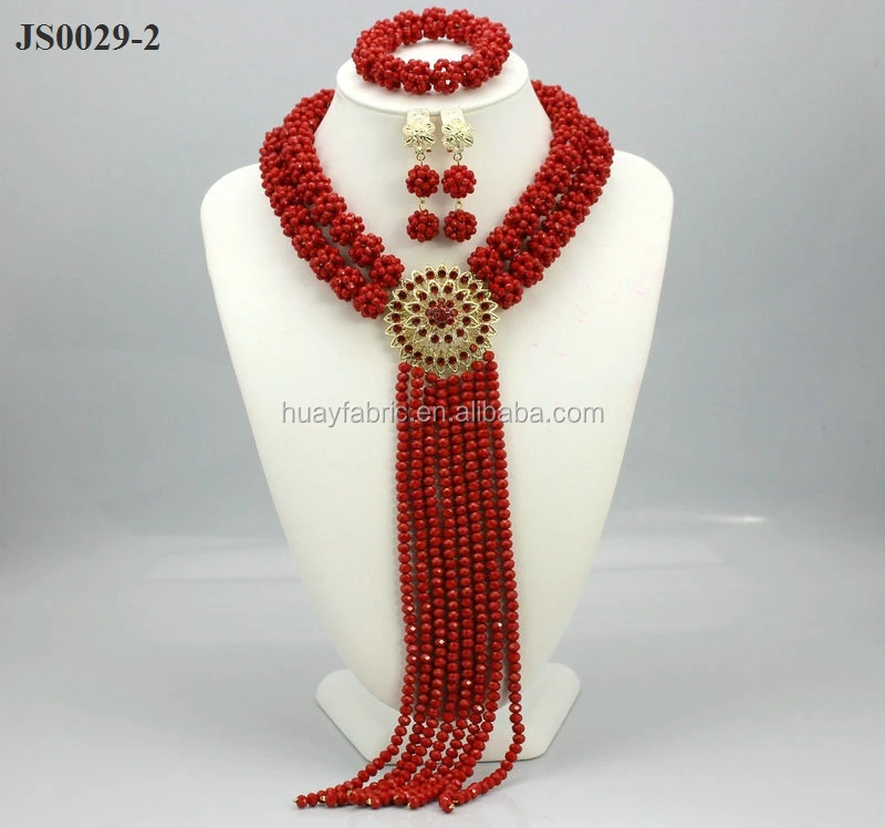 

African Wedding Beads Bridal Jewelry Sets Nigerian Necklace African Jewelry Set JS0029-2 Gold Crystal Fabulous Red Women's Round, 2 color
