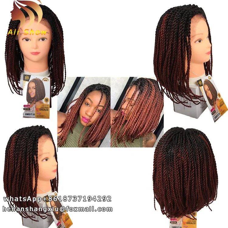 Ali Show african kinky twist braid lace frontal wig with baby hair 16inch braided wigs senegalese twist ombre colors