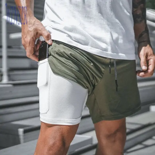 Summer Polyester Spandex Short Pants With Pockets Double Layer Fitness
