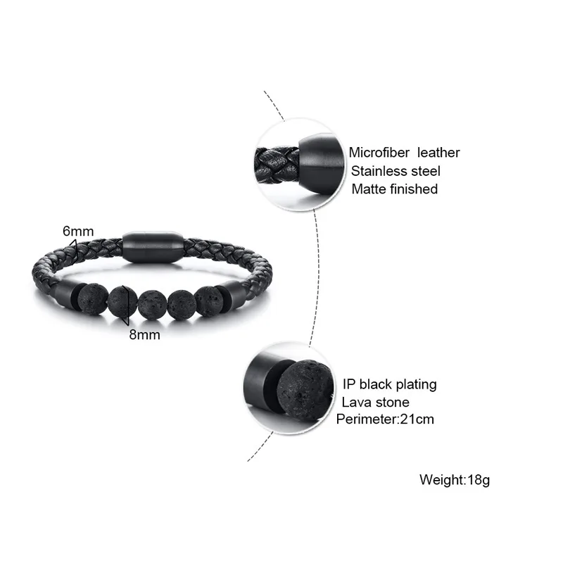 New Design Black Stainless Steel Elegant Lava Bead Fashion Custom Leather Bracelet Men