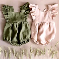 

2019 summer fly sleeved Baby Linen cotton Girls Jumpsuit rompers green pink bodysuits