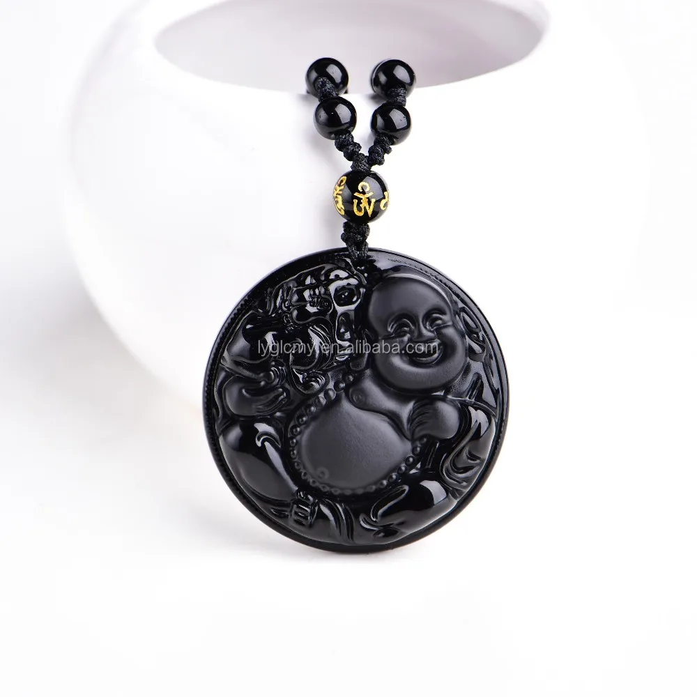 

Natural Black Obsidian Carving Buddha Amulet pendant free necklace obsidian Blessing Lucky pendants fashion Jewelry
