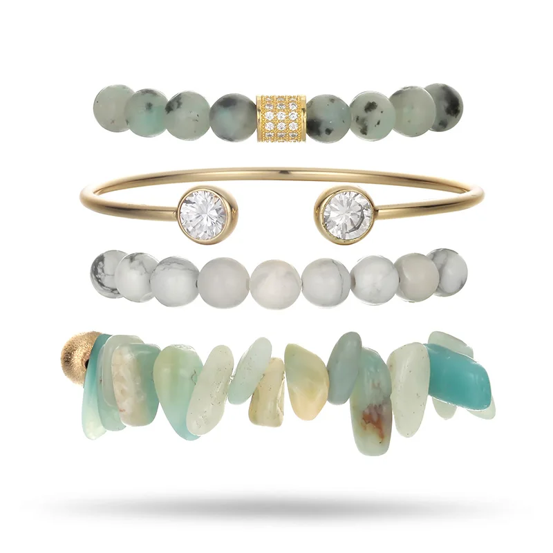 

Fashion Handmade White Howlite Chip Zircon Copper Gold Crystal Bangle Bracelet Stack For Women, As the picture