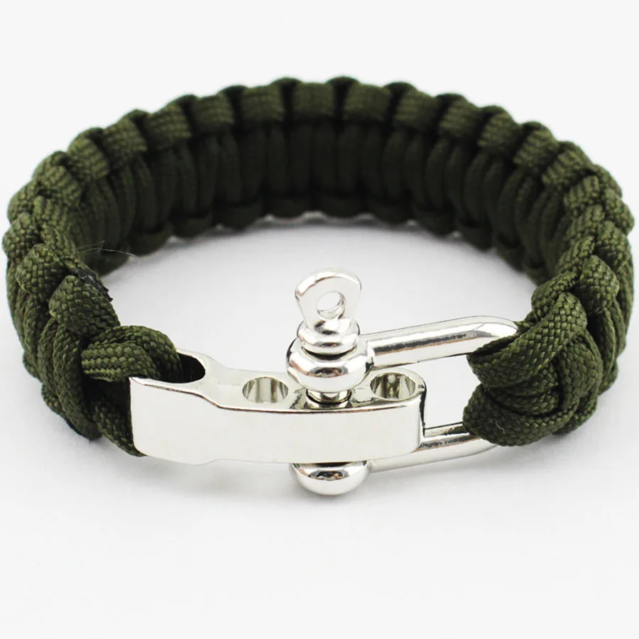 

Wholesale High Quality Stainless Steel Shackle Paracord 550 Survival Bracelet, Army green,black or custom colors