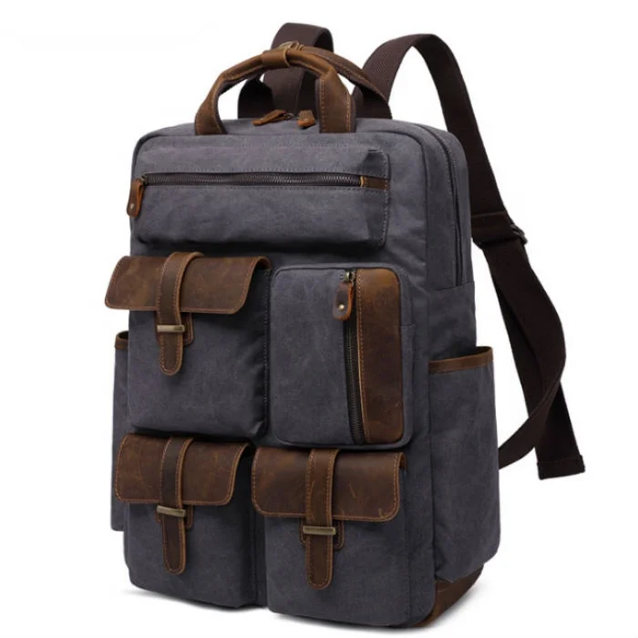 

New style retro style leather canvas bag school wind canvas laptop backpack High Quality Multi-Pocket bag Low MOQ rucksack, Deep grey,brown, army-green