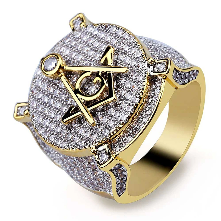 

Fashion Hip Hop Gold Color Masonic Ring Men'S Personalized AG Full Cubic Zirconia Ring Europe Wholesale Brand Luxury Men Jewelry
