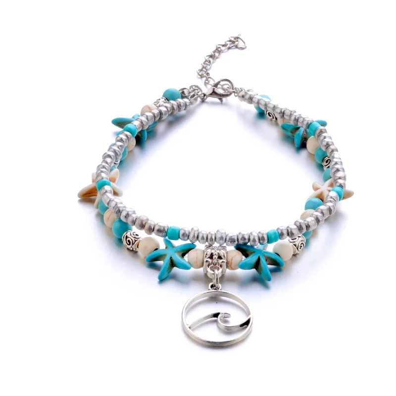 

Fashion Double Layer Handmade Turquoise Anklet For Women Beach Jewelry, As the picture