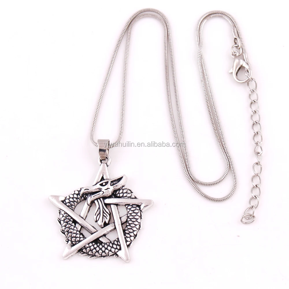 

N0592 Fashion Vintage Dragon Pentacle Amulet pendant snake necklace for Good Health and Renewal, Silver , customized