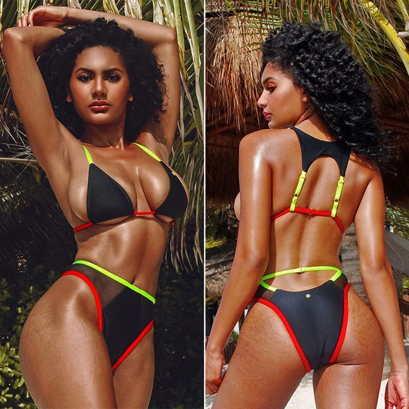 

JSN359 Tankini Mesh Bathing suit Solid color black Bikini Set Swimwear thong Bikini 2020 Sexy Leopard Brazilian swimwear women