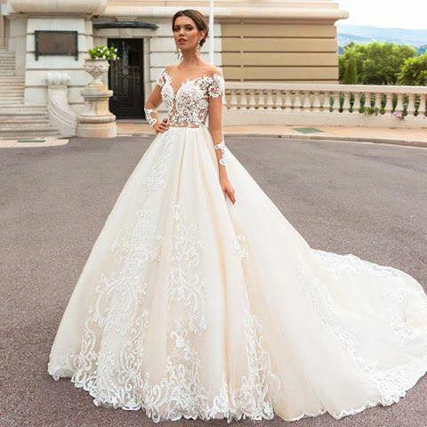 

OEM Service Long Tail Wedding Dresses Ball Gown Luxurious vestido de noiva With Sleeve, N/a