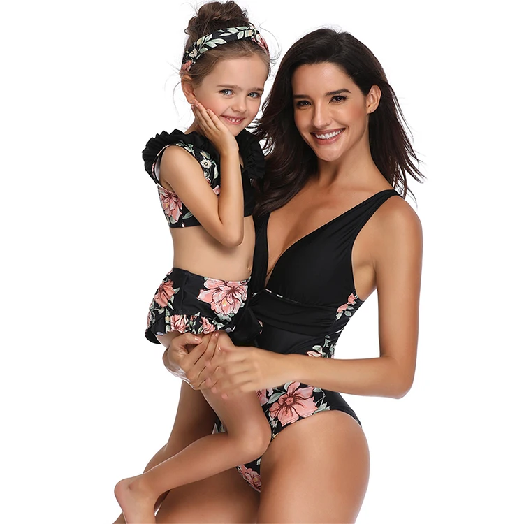 

2019 Wholesale Latest Design Ladies One Piece Swimsuit And Girl Printing Floral 2 Piece Set Bikini Swimwear, Black;purple