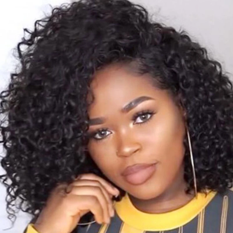 

Short Bob Lace Frontal Wig Virgin Human Remy Curly Hair Wig Peruvian Human Hair Curly Lace Front Wig for Black Women, Natural color #1b;accept customer color chart