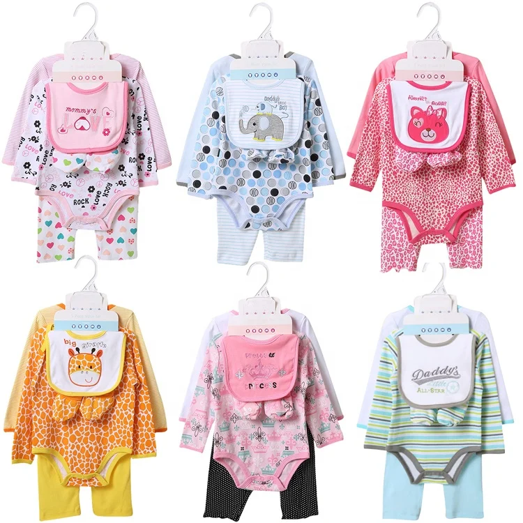 5 in 1 baby clothes set long sleeve newborn baby jumpsuits matching with long pants&shoes&bibs