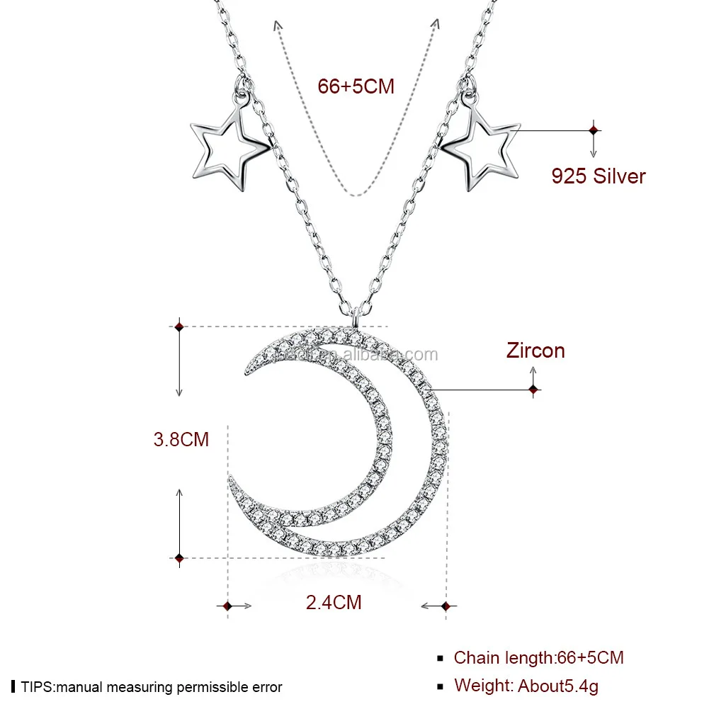 Joacii Sweater Chain Necklace Jewelry Sterling Silver Pendant Necklace with Star And Moon
