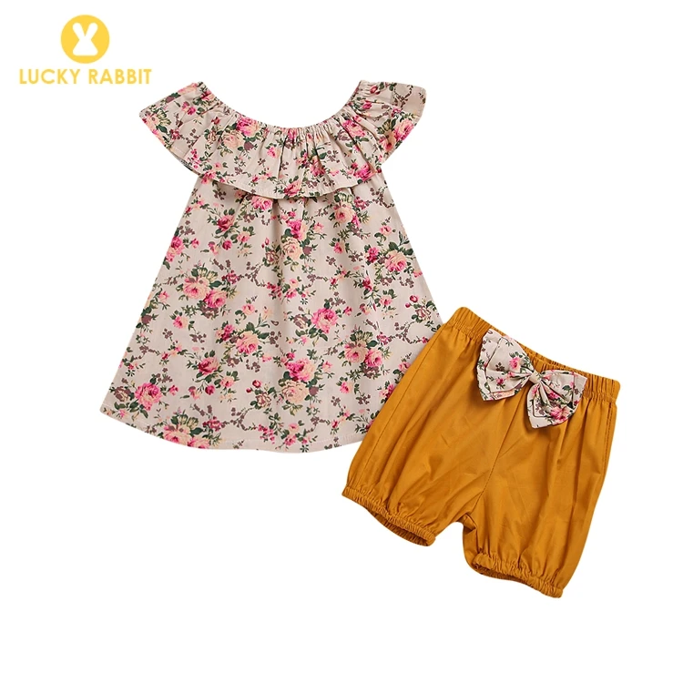 

Summer Toddler Girl 2 Pieces Baby Cotton Clothes Baby Clothing 2Pcs Set Floral Ruffle Neck Tops Shorts Pants Outfit Sets, Picture