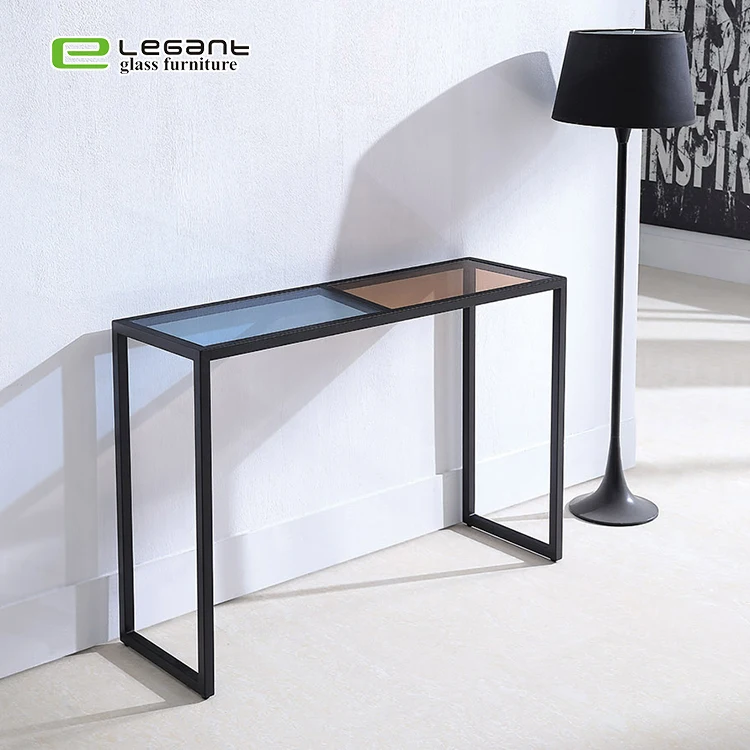 Rectangle glass top console table with iron frame
