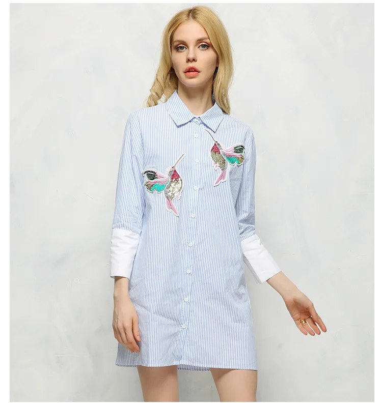 

2018 Medium Long Loose White Seven-Point Sleeve Bird Embroidery Striped Shirt Ladies Woman Blouse, White;pink;blue